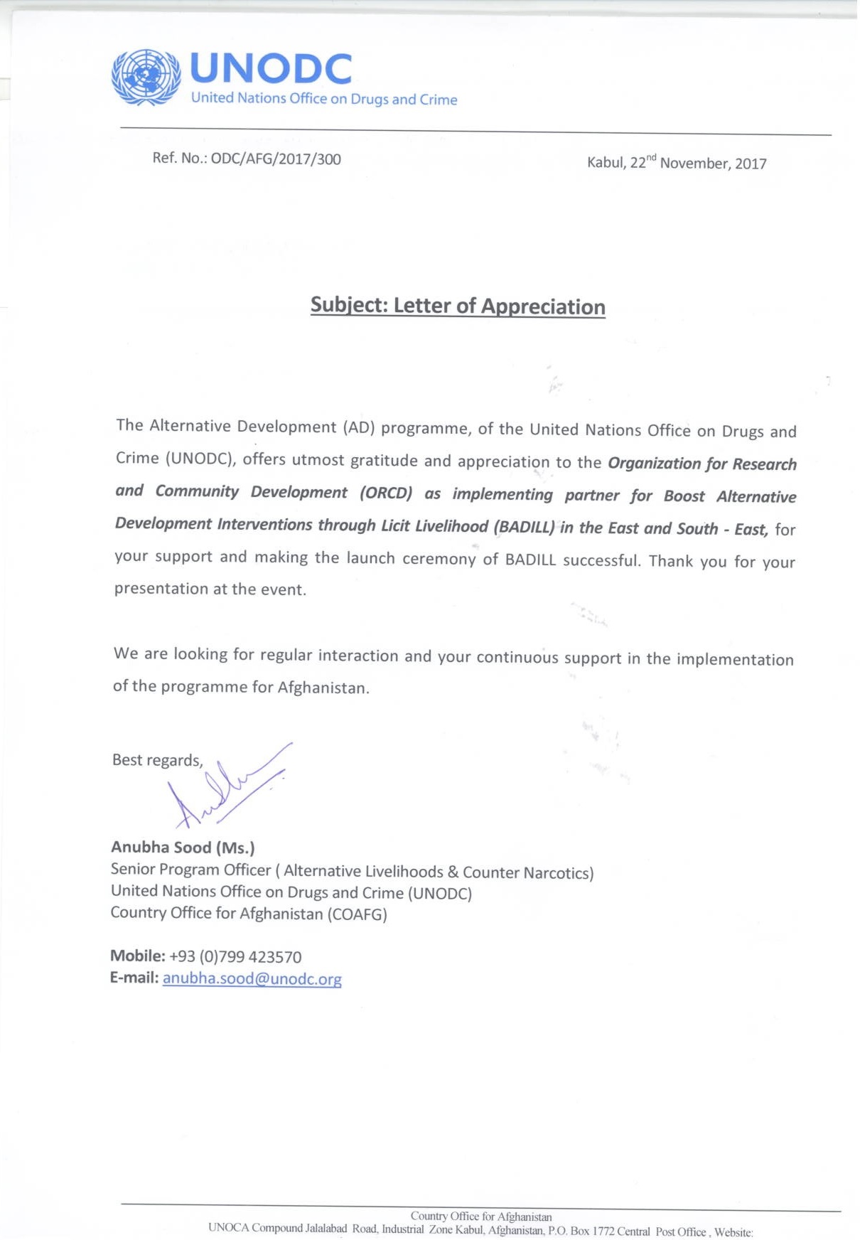 UNODC Appreciation Letter